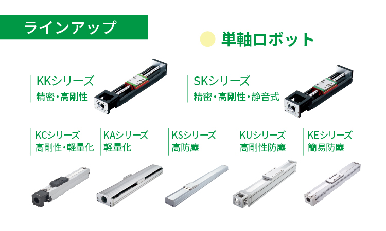 HIWIN単軸ロボットのラインアップ_《精密・高剛性》KKシリーズ_《精密・高剛性・静音式》SKシリーズ_《高剛性・軽量化》KCシリーズ_《軽量化》KAシリーズ_《高防塵》KSシリーズ_《高剛性防塵》KUシリーズ_《簡易防塵》KEシリーズ