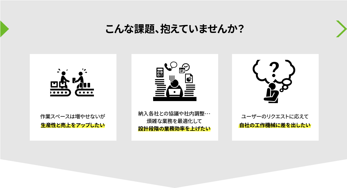 こんな課題、抱えていませんか？作業スペースは増やせないが生産性と売上をアップしたい／納入各社との協議や社内調整…煩雑な業務を最適化して設計段階の業務効率を上げたい／ユーザーのリクエストに応えて自社の工作機械に差を出したい