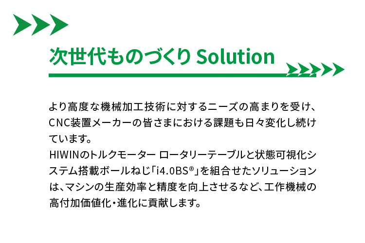 ■次世代ものづくり Solution■より高度な機械加工技術に対するニーズの高まりを受け、CNC装置メーカーの皆さまにおける課題も日々変化し続けています。HIWINのトルクモーター ロータリーテーブルと状態可視化システム搭載ボールねじ「i4.0BS®」を組合せたソリューションは、マシンの生産効率と精度を向上させるなど、工作機械の高付加価値化・進化に貢献します。