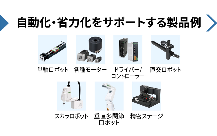 自動化・省力化をサポートする製品例／単軸ロボット／各種モーター／ドライバー、コントローラー／直交ロボット／スカラロボット／垂直多関節ロボット／精密ステージ