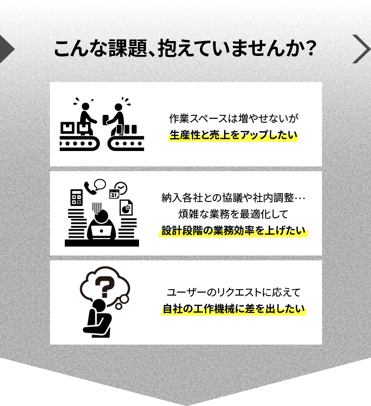こんな課題、抱えていませんか？作業スペースは増やせないが生産性と売上をアップしたい／納入各社との協議や社内調整…煩雑な業務を最適化して設計段階の業務効率を上げたい／ユーザーのリクエストに応えて自社の工作機械に差を出したい