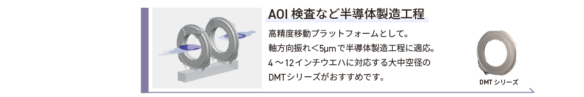 AOI検査など半導体製造工程／高精度移動プラットフォームとして。軸方向振れ＜5μmで半導体製造工程に対応。4～12インチウエハに対応する大中空径のDMTシリーズがおすすめです。
