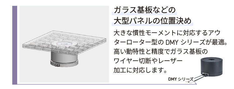 ガラス基板などの大型パネルの位置決め／大きな慣性モーメントに対応するアウターローター型のDMYシリーズが最適。高い動特性と精度でガラス基板のワイヤー切断やレーザー加工に対応します。