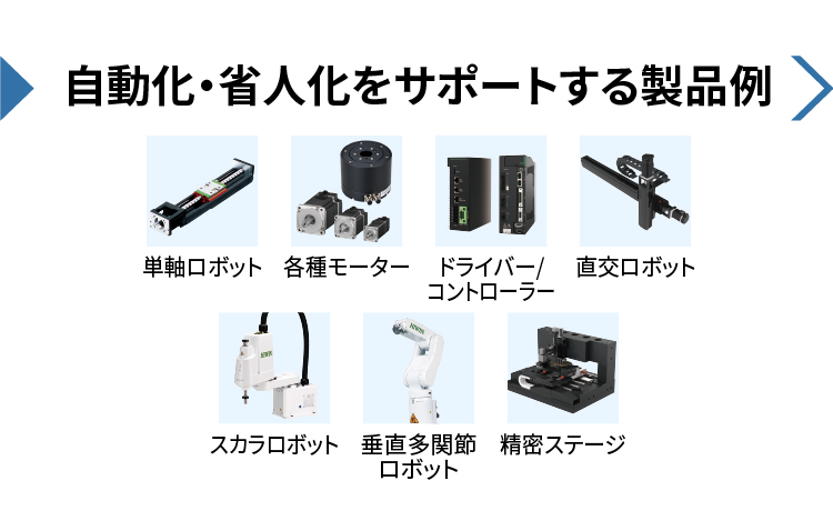 自動化・省人化をサポートする製品例／単軸ロボット／各種モーター／ドライバー、コントローラー／直交ロボット／スカラロボット／垂直多関節ロボット／精密ステージ